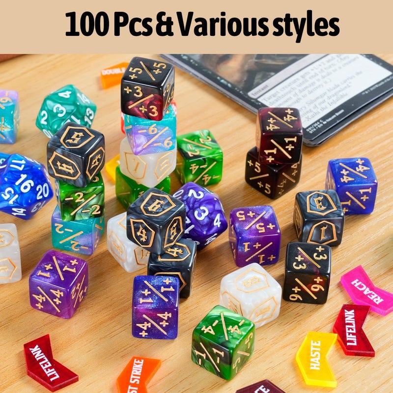 Ravonixis 100 Pieces MTG Dice Keyword Counter Set Life Counter Game Tokens for MTG Includes 36 Acrylic Keyword Counters +1/-1 Dice, Shield Dice, D20 Spindowns, Velvet Bags & Storage Box - Image 5